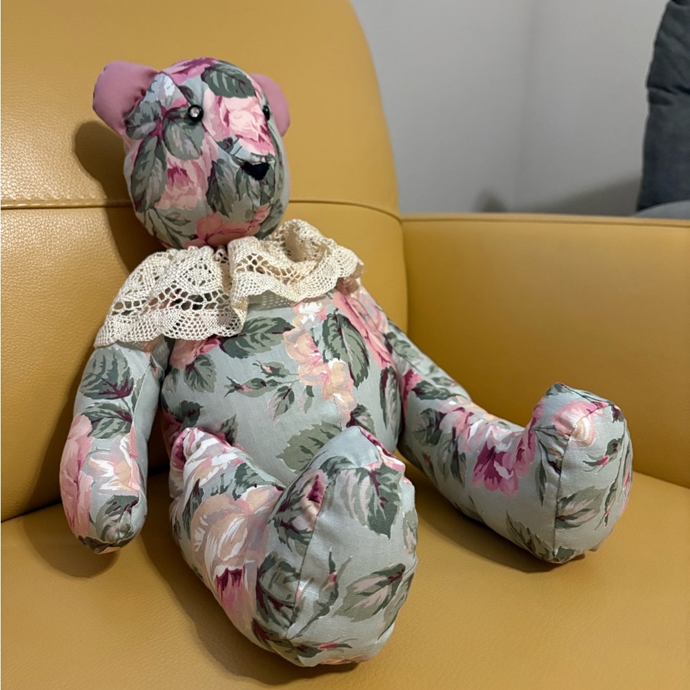 Vintage Handmade Floral Teddy Bear Cottagecore Lace Collar Plush Decor